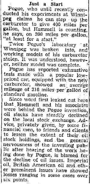 Pogue carburetor being tested - oil stocks down